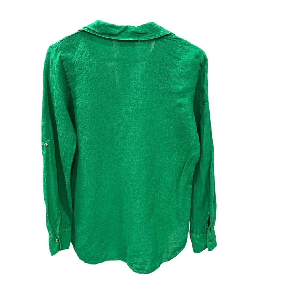 ZARA Emerald Green Linen Blend Gold Button Roll Up Tab Shirt Top S EUC - Picture 3 of 8